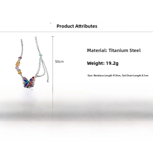 Detailed specs of stainless steel butterfly necklace with colorful stones and chain length
