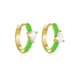 Close-up of S925 sterling silver earrings with green enamel and teardrop zircon detail