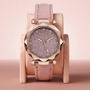 Fashion Women Quartz Watch Starry Sky Glitter Dial Rhinestone Accents Geometric Faceted Glass Faux Leather Strap Elegant