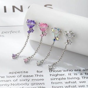 Titanium Steel Heart Planet Cartilage Stud Earring With Zircon Long Chain Tassel Flat Back Screw Piercing For Women