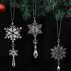 Three transparent acrylic snowflake ornaments with crystal bead pendants for Christmas tree
