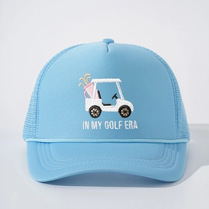 Light blue trucker hat featuring car embroidery and In My Golf Era text for golf sports