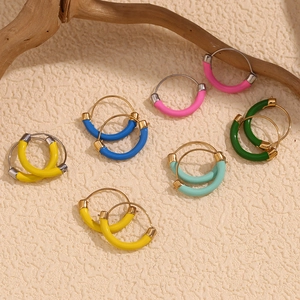 Colorful geometric enamel hoop earrings set in 18K gold plated stainless steel
