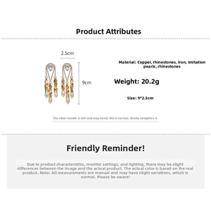 Detail view showing dimensions of pearl drop earrings with rhinestones and gold plating