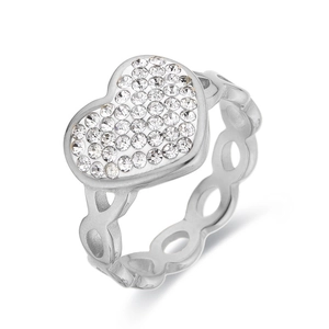 Bague argentée en maille ajourée avec cœur serti de strass brillants pour femmes