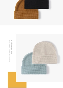 Vertical rib-knit fisherman hat collection in caramel, black, blue, and beige colors