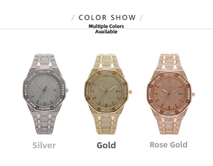Octagonal full diamond women's quartz watches in silver, gold and rose gold colors