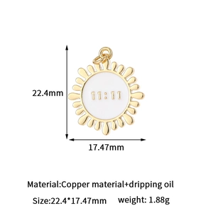 Detail showing a golden sun pendant with 11:11 engraving and 22.4mm size marking