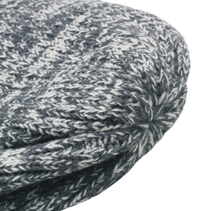 Close-up of thick marl grey knit texture and reinforced top stitching of the winter hat