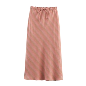 Mauve striped midi skirt with elastic drawstring waist and A-line silhouette on white background