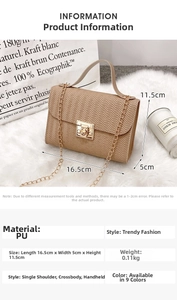 Detailed view of brown textured PU small crossbody bag with gold chain and dimensions