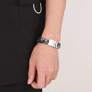 Men's punk vintage stainless steel Cuban link bracelet with two-tone textured metal finish