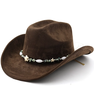 Brown faux suede western cowboy hat with ethnic beaded band and starfish decor