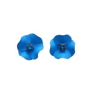 Blue matte flower stud earrings with central square crystal on a white background