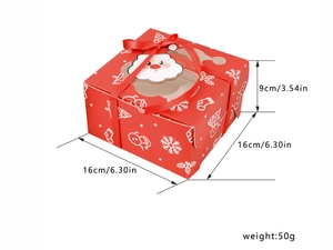 Detail showing 16x16x9cm red Christmas muffin box with Santa Claus and festive prints