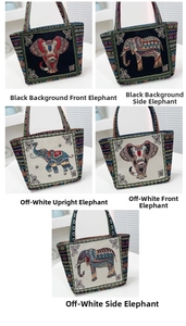 Detailed view of elephant embroidery on ethnic canvas tote bags in various color patterns