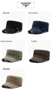 Flat top military caps in five colors made of washed canvas with metal side accents