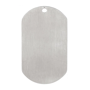 Close-up of brushed stainless steel rectangle dog tag pendant with rounded corners