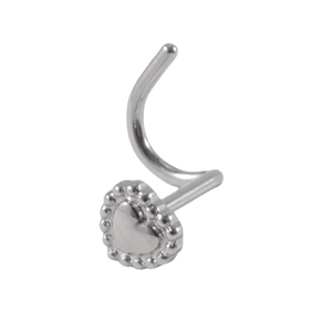 Polished silver stainless steel heart nose stud with beaded edges and curved bar