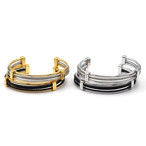 Retro stainless steel twisted cable wire open bangle bracelet for men and women