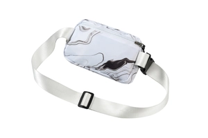 Detail of white marble pattern waist bag with adjustable strap and black plastic buckle
