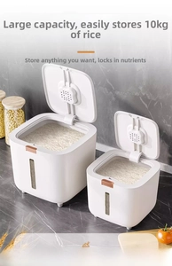 Detail view of moisture-proof rice storage bins with insect-proof slot and gold buckle