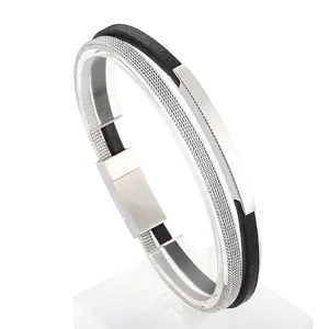 Men Double Layer Bracelet Cowhide Leather And Stainless Steel Mesh Chain With Magnetic Clasp Punk Fashion Jewelry