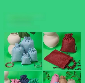 Linen drawstring pouches shown in multiple sizes and colors for jewelry and gift packaging