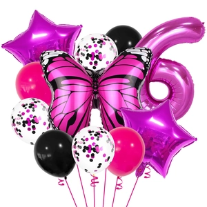 Detail of rose pink butterfly and number 6 foil balloons with glitter latex balloon set