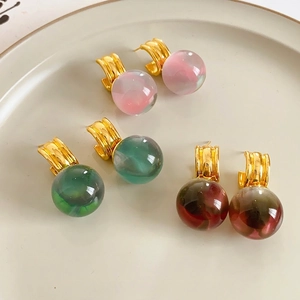 Retro Resin Ball Pendant Earrings With Silver Earring Post Vintage Chic Alloy Drop Jewelry For Women