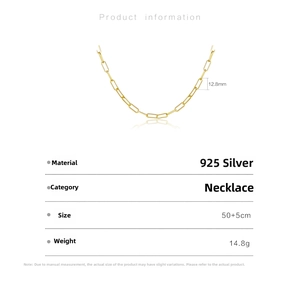 Detailed S925 sterling silver paperclip chain specifications with 12.8mm width and measurements