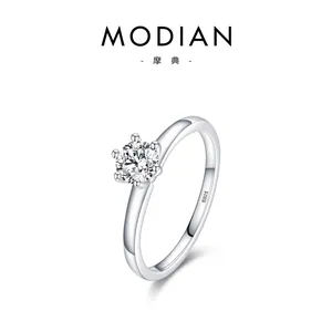 Classic S925 sterling silver six-prong solitaire zircon ring with minimalist design
