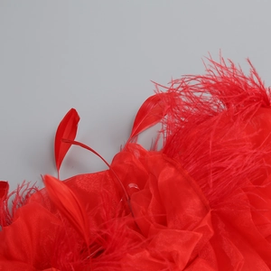 Detailed view of vibrant red feather and organza fabric textures for party dress accessory