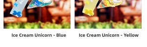 Close-up of cute unicorn ice cream keychains in blue and yellow with floating sequins