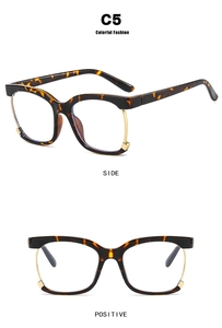 Detail showing tortoise shell half-rim frames with gold metal finish and side view