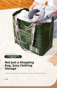 Close-up of a large dark green waterproof shopping bag with thick printed handles