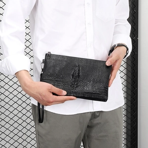 Men's black alligator texture envelope clutch bag with wrist strap and metal zipper