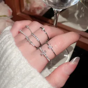 French zircon flower pearl ring set for women in silver metal and layered style