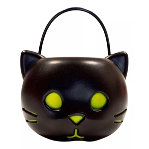 Halloween black cat candy bucket with glowing green eyes and sturdy top handle