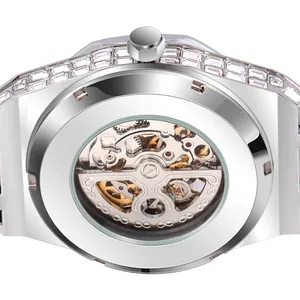 Luxury skeleton mechanical watch with full square-cut diamonds and silver steel finish