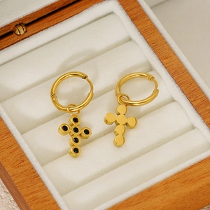 Gold stainless steel hoop earrings with cross pendants and black diamond accents