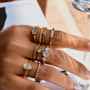 Stackable gold-plated zircon ring set for women featuring luxury sparkling crystal designs