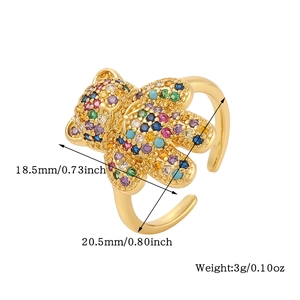 Detail view of gold teddy bear ring with colorful stones and dimensions 18.5mm 3g weight