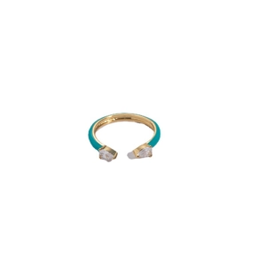 Minimalist gold open ring with teal enamel glaze and pear-cut cubic zirconia accents