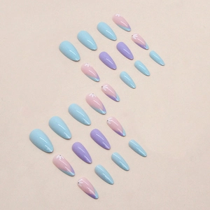 French blue and purple almond press-on nails with cute white floral pattern designs