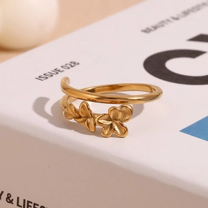 Double-layer flower open ring in 18K gold plated stainless steel with adjustable band
