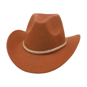 Detailed view of the woven gold band and felt texture on a vintage tan cowboy hat