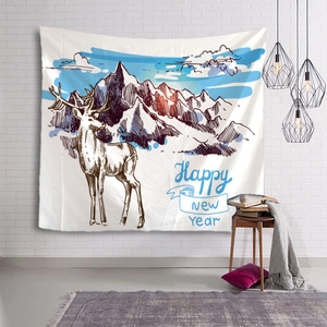 Detail of a Christmas wall tapestry with elk and mountain art and Happy New Year text