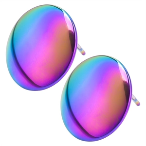 Detailed view of round geometric 304 stainless steel stud earrings with rainbow finish