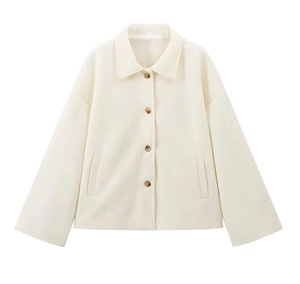 Detail of cream white wool jacket featuring lapel collar and dark tortoiseshell buttons